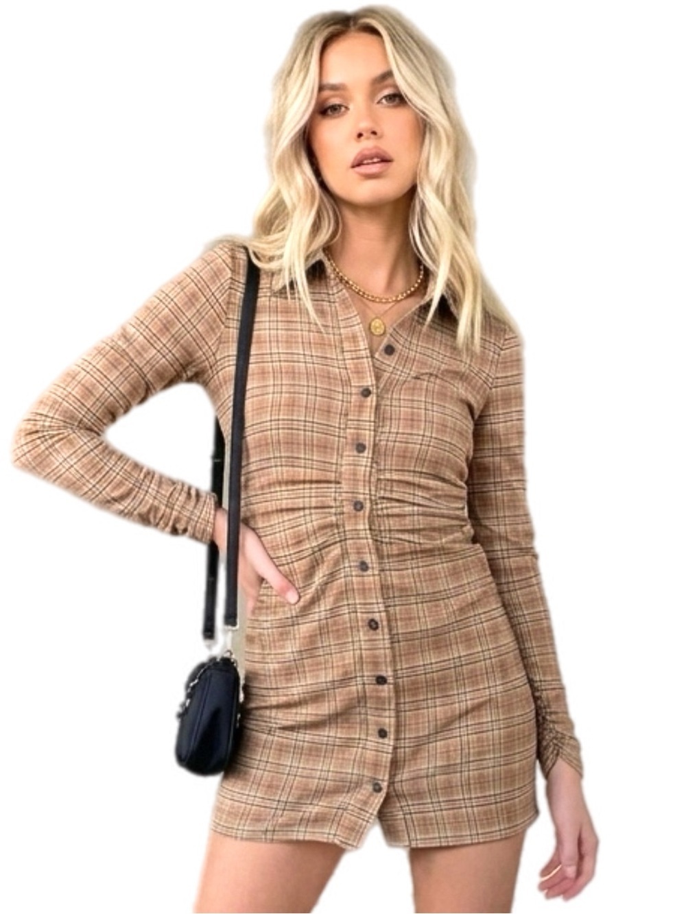 zara shirt dress brown Plaid Check Mini Womens Small Ruched Front Long Sleeve Length:Toddler/Sm. Child 42 Featuring dart detail at Blacksale Millie Bobby Brown wearing